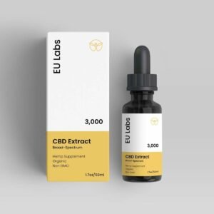 3000mg Broad-Spectrum CBD Oil in a 50ml bottle with yellow and white printed labels and outer packaging box.