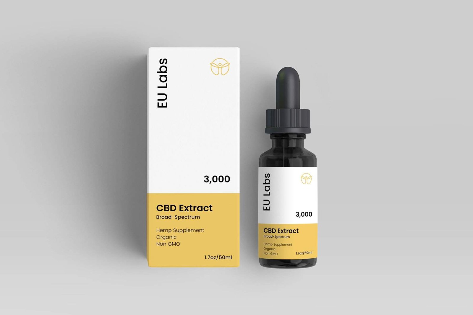 3000mg Broad-Spectrum CBD Oil in a 50ml bottle with yellow and white printed labels and outer packaging box.