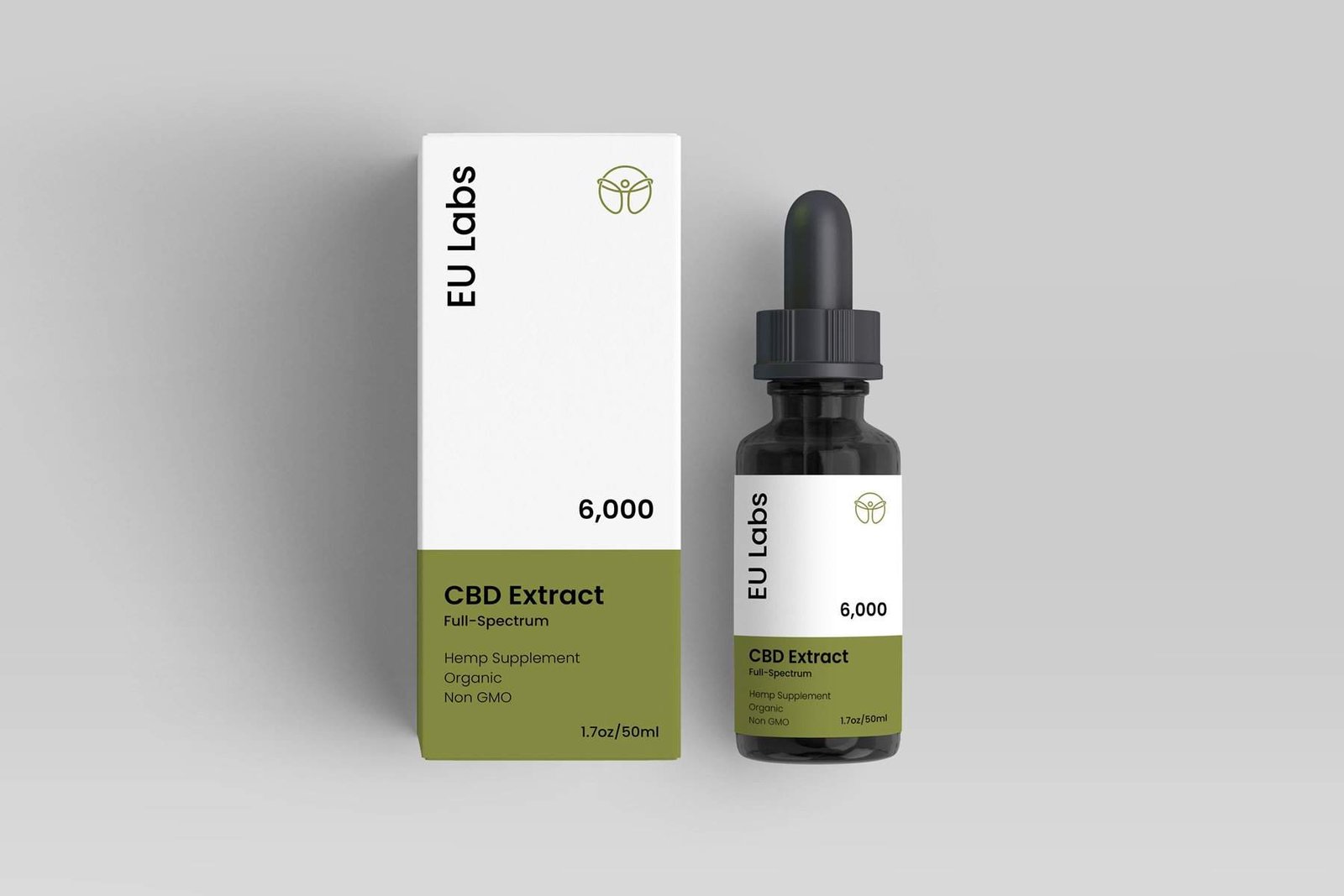 50ml bottle of 6000mg Full Spectrum CBD Oil with green and white printed labels and outer packaging box.
