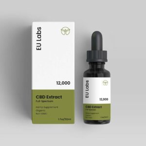 50ml bottle of 12000mg Full Spectrum CBD Oil with green and white printed labels and outer packaging box.
